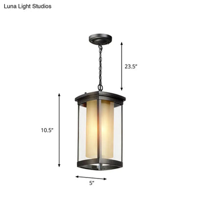 Black Outdoor Pendant Light with Double Glass Shade for Courtyard - 1 Light - Various Widths