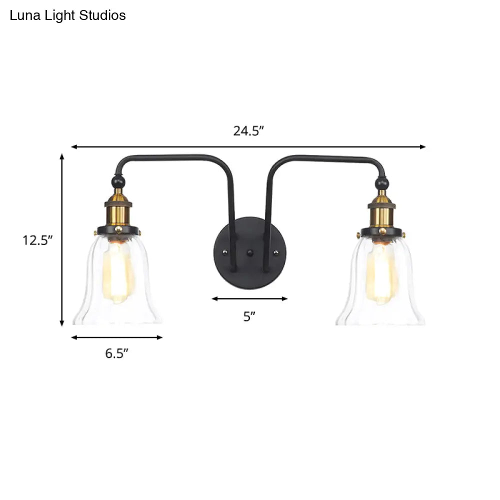 Aplique de pared interior negro con forma de pera/campana y cristal transparente - Lámpara de pared de 2 luces