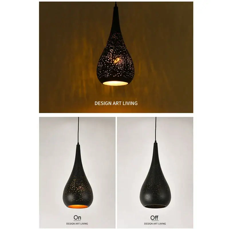 Black perforated iron hollow droplight pendant light with speckled finish diffusing warm ambient lighting for dining room decorbites iron hollow