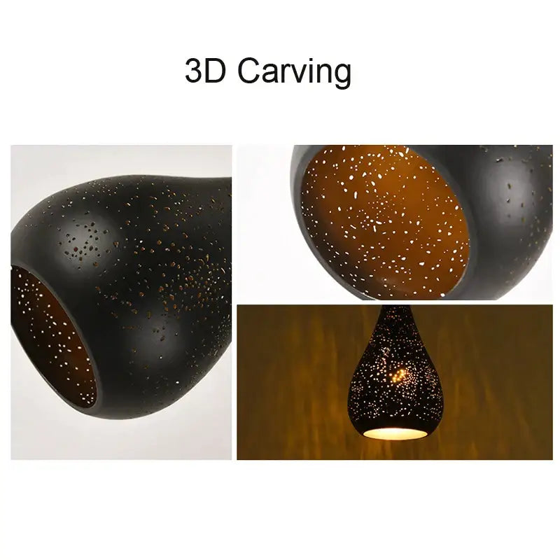 Black perforated iron hollow droplight pendant light with intricate 3d carved patterns and warm glowing interior