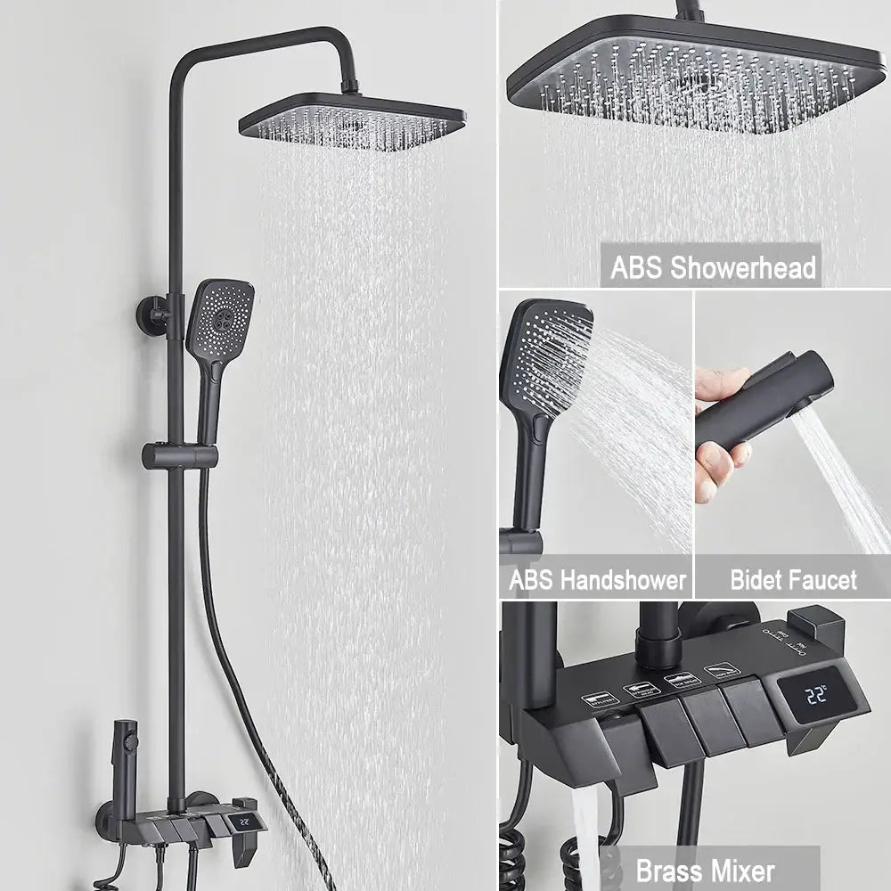 Black piano digital shower system with black matte brass faucets square rainhead handheld and digital temperature display