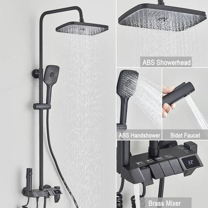 Black piano digital shower system with black matte brass faucets square rainhead handheld and digital temperature display