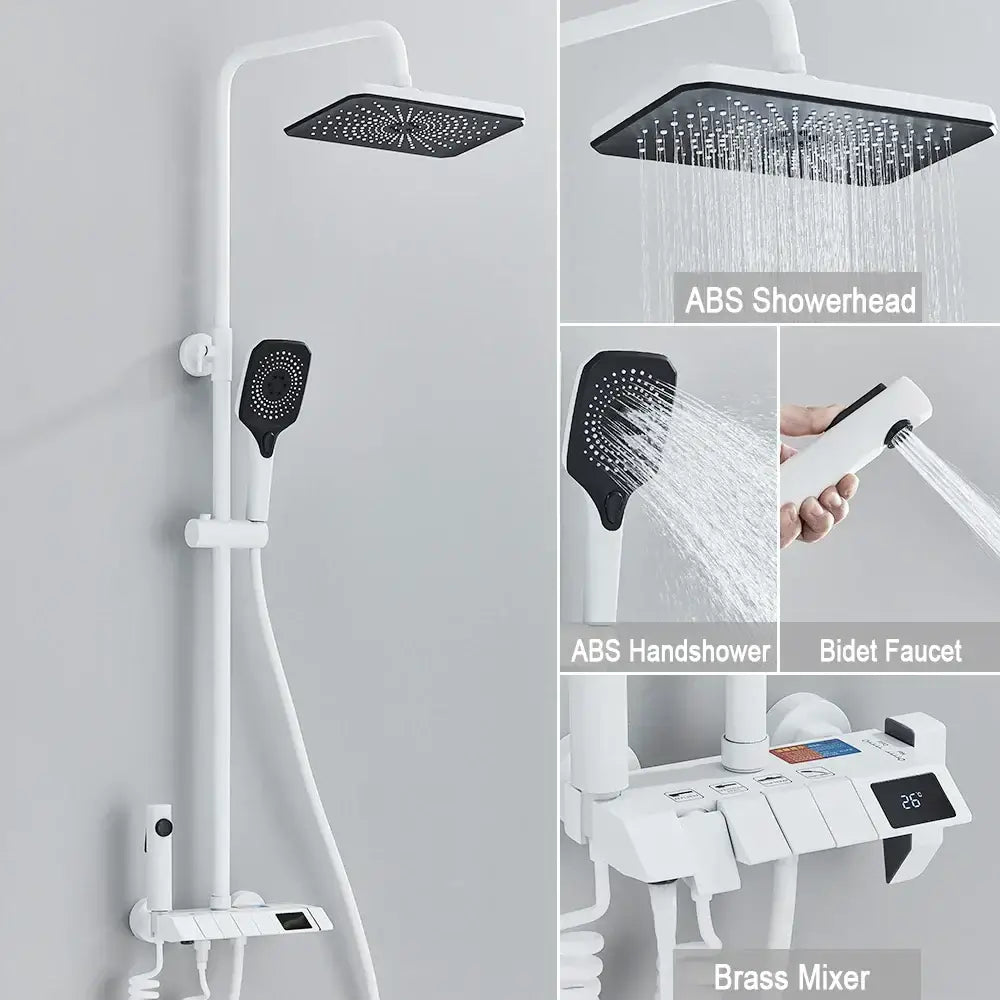 White abs showerhead with black perforated face in decorbites black piano digital shower system with brass faucets