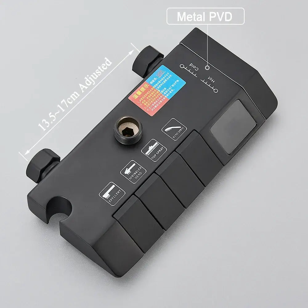 Black piano digital shower system with black metal PVD-coated adjustable tool and multiple function buttons for bathroom decorbites black piano