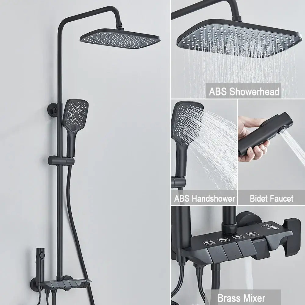 Black piano digital abs shower system with brass faucets featuring square rainhead handheld shower and bidet faucet