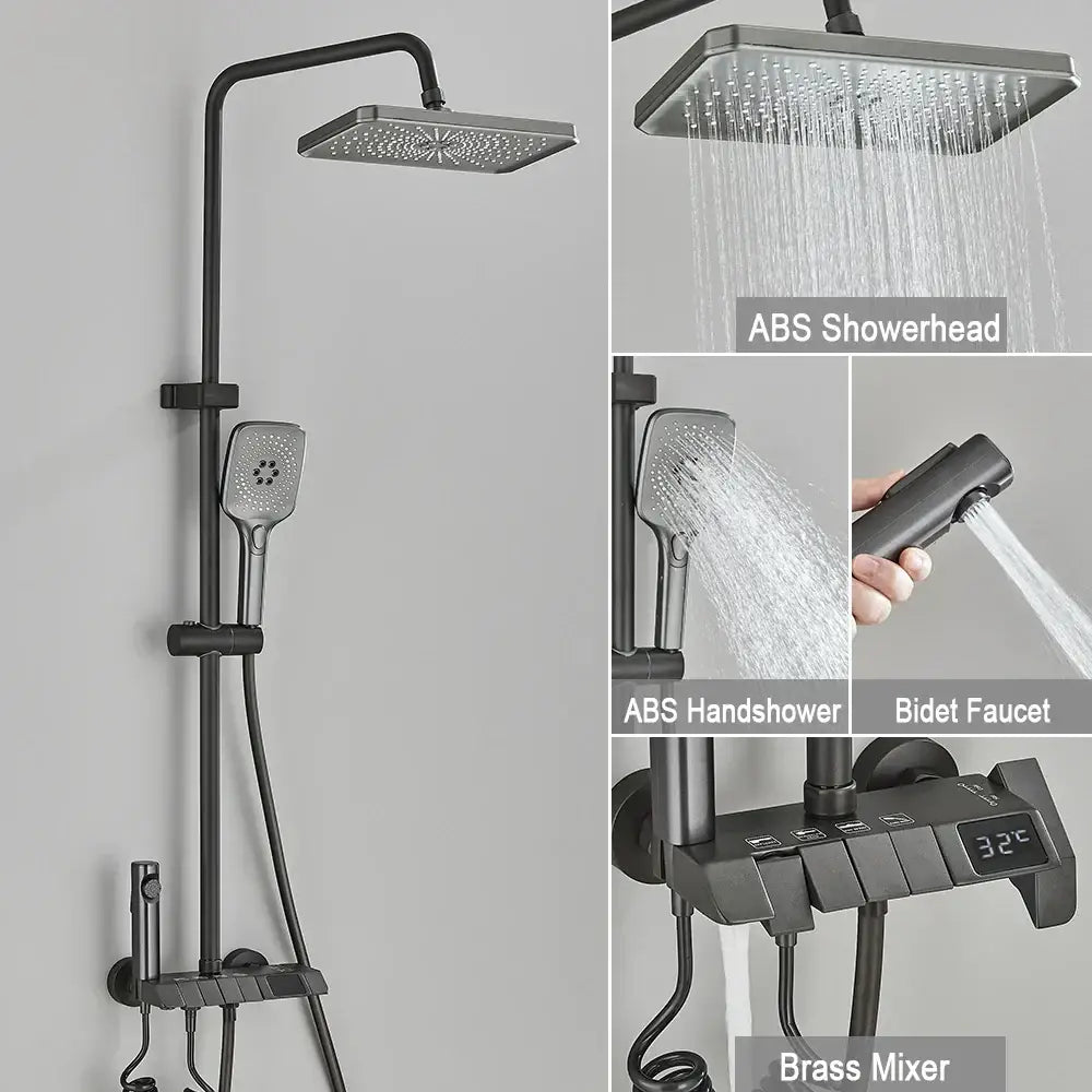 Black matte-finish abs square showerhead with multiple nozzles for decorbites black piano digital shower system