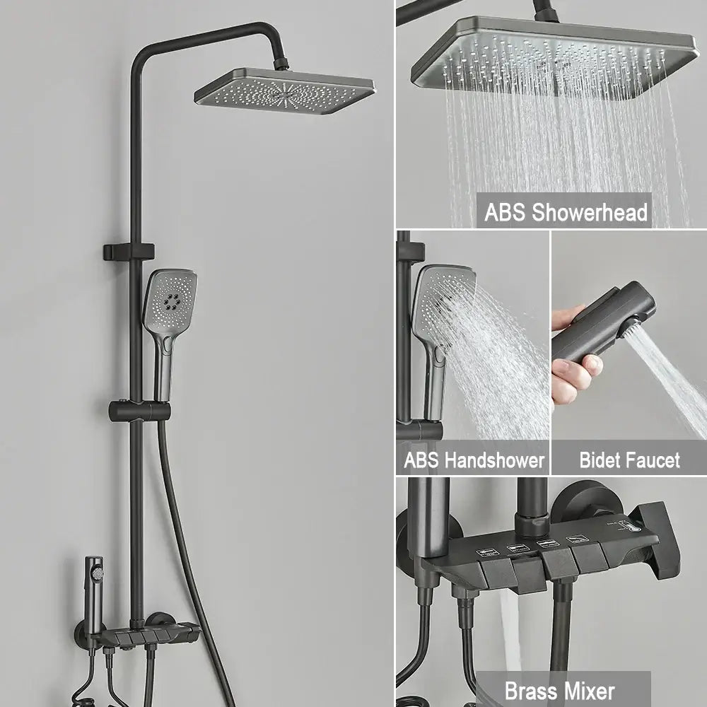 Black piano digital abs shower system with brass faucets featuring square rainhead handheld shower and bidet faucet