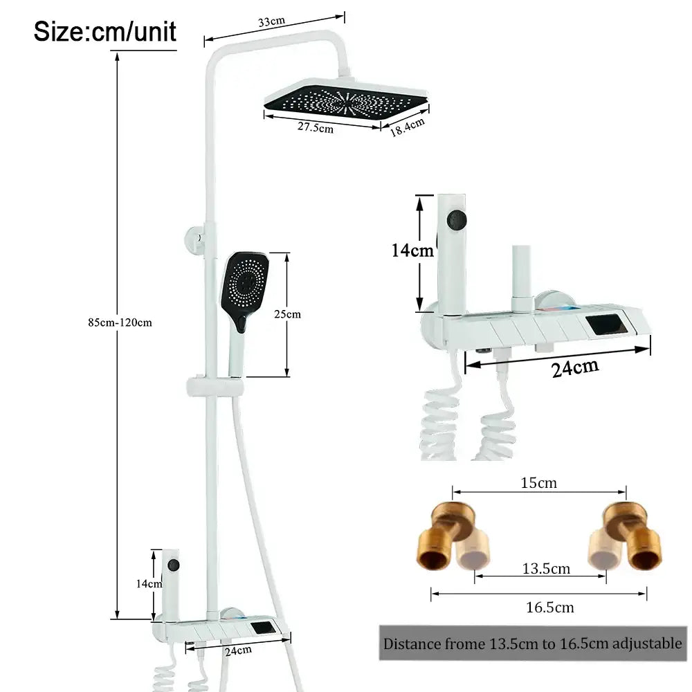 White modern shower system with square rainhead handheld showerhead and digital control panel for decorbites black piano digital bathroom use