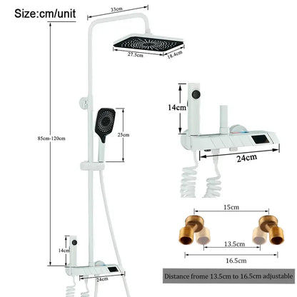 White modern shower system with square rainhead handheld showerhead and digital control panel for decorbites black piano digital bathroom use