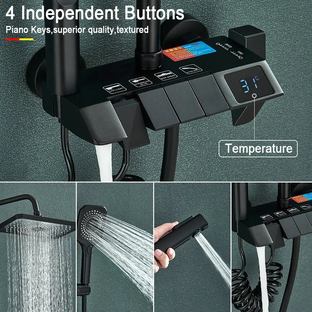 Black piano digital shower control panel with brass faucets featuring four buttons and digital temperature display for bathroom use