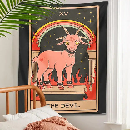 Black and pink devil tarot goat wall hanging tapestry on dark fabric with pentagram goat under rainbow in flames
