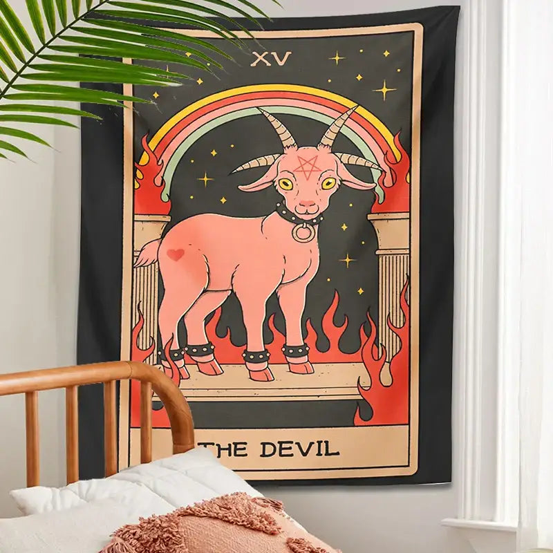 Black and pink devil tarot goat wall hanging tapestry on dark fabric with pentagram goat under rainbow in flames