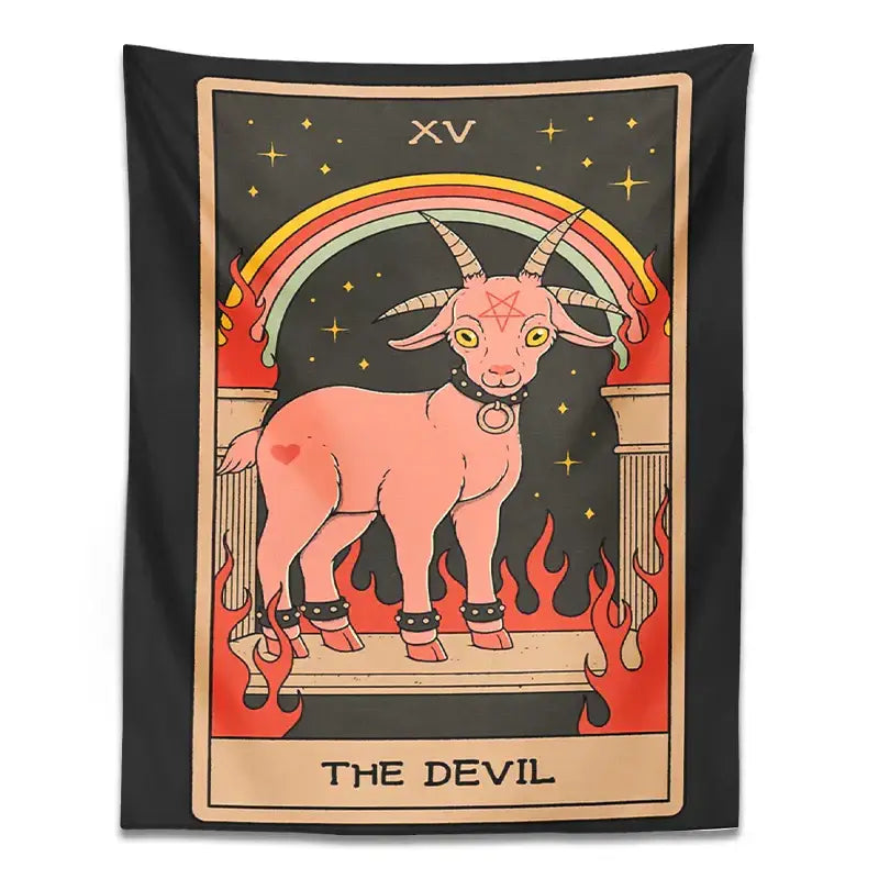 Black and pink devil tarot goat wall hanging tapestry with yellow eyes and pentagram for dorm room decor