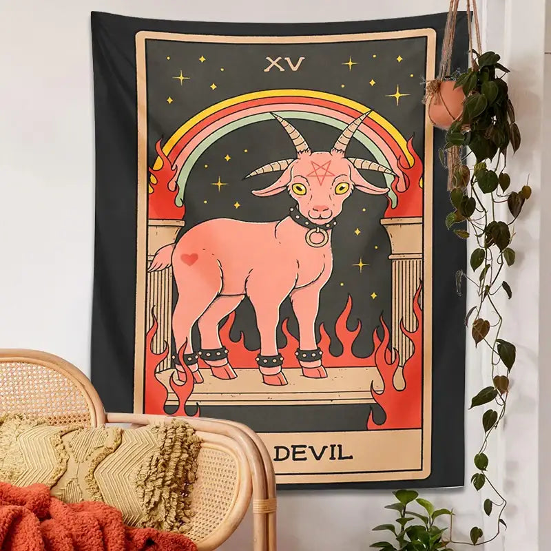 Black and pink devil tarot goat wall hanging tapestry with yellow eyes and pentagram collar for dorm room decor