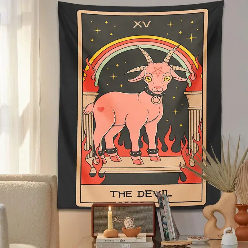 Black and pink devil tarot goat wall hanging tapestry featuring a vibrant pink goat with yellow eyes for dorm rooms