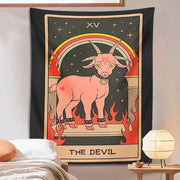 Black and pink devil tarot goat wall hanging tapestry with pentagram goat and flames for dorm room decor