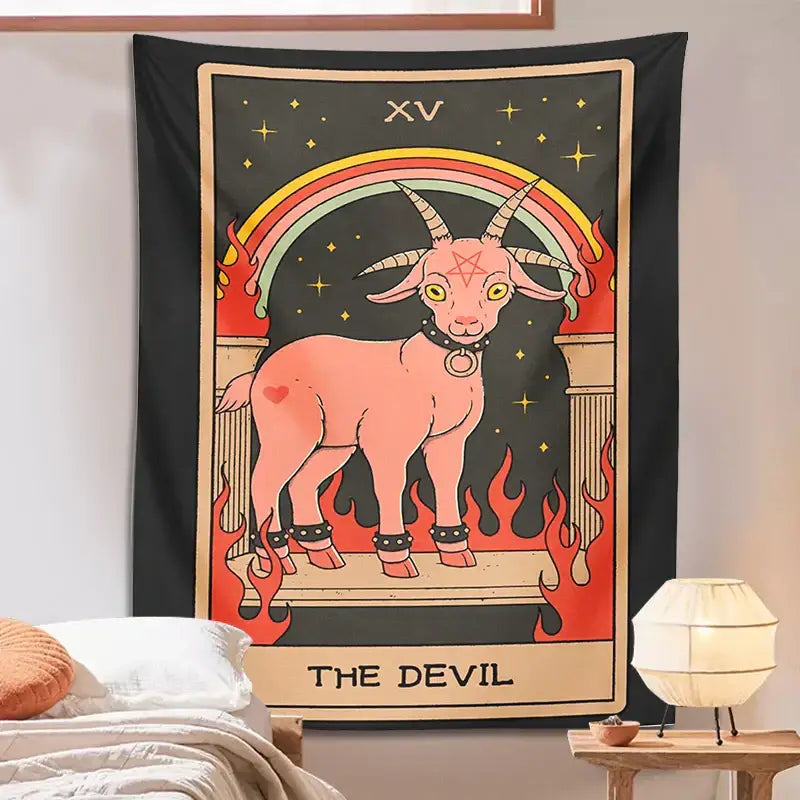 Black and pink devil tarot goat wall hanging tapestry with pentagram goat and flames for dorm room decor