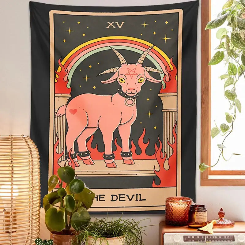 Black and pink devil tarot goat wall hanging tapestry with stylized rainbow flames and stars for dorm room decor