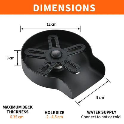 Black plastic automatic glass rinser and cup washer drain trap with perforated hole and ribbed arms for home kitchen sink