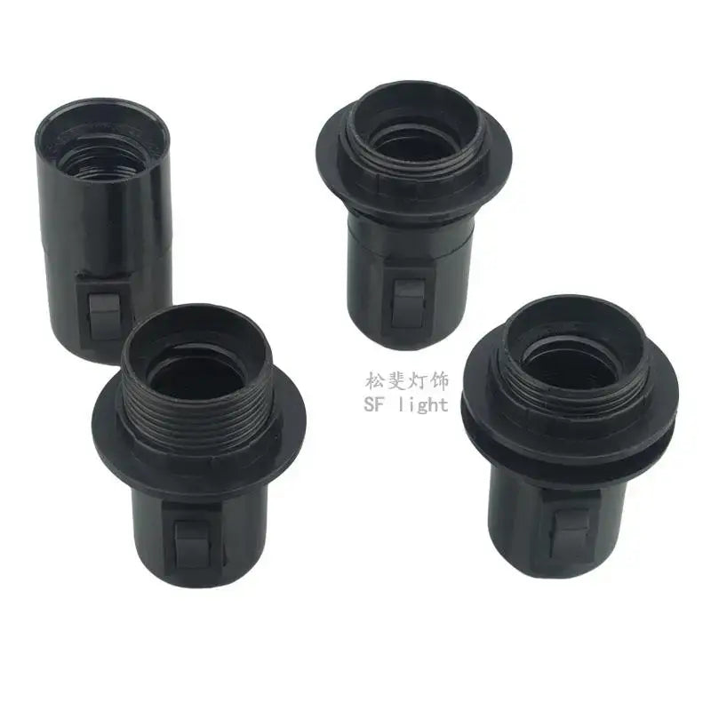 Black plastic e27 socket lamp base with integrated switch and threaded interior for bedroom use