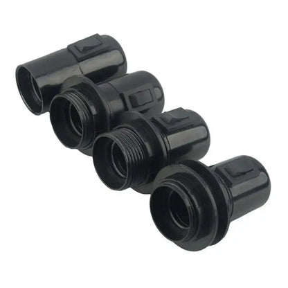 Black plastic e27 socket lamp base with switch featuring threaded base for bedroom lighting applications