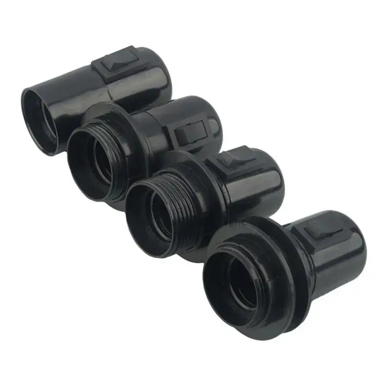 Black plastic e27 socket lamp base with switch featuring threaded base for bedroom lighting applications