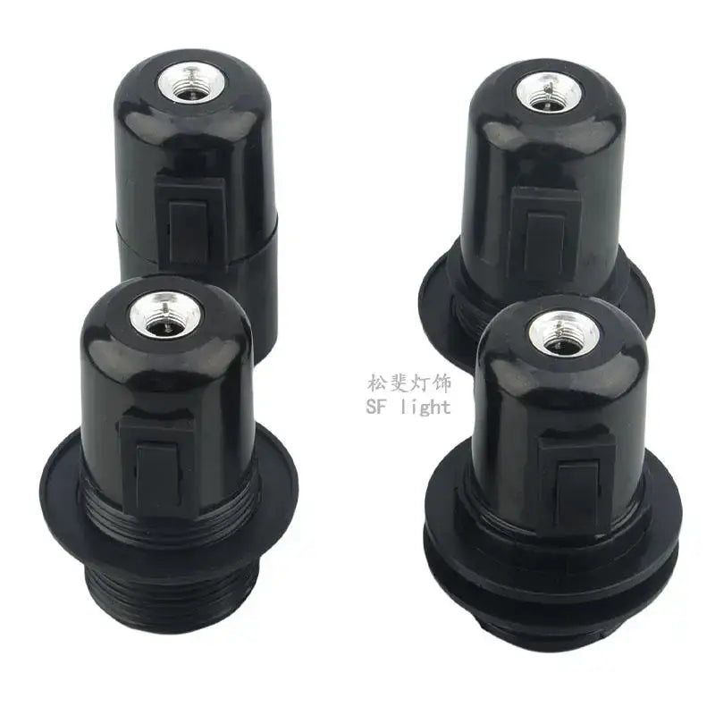 Black plastic e27 socket lamp base with metallic threaded interiors and switch for bedroom use