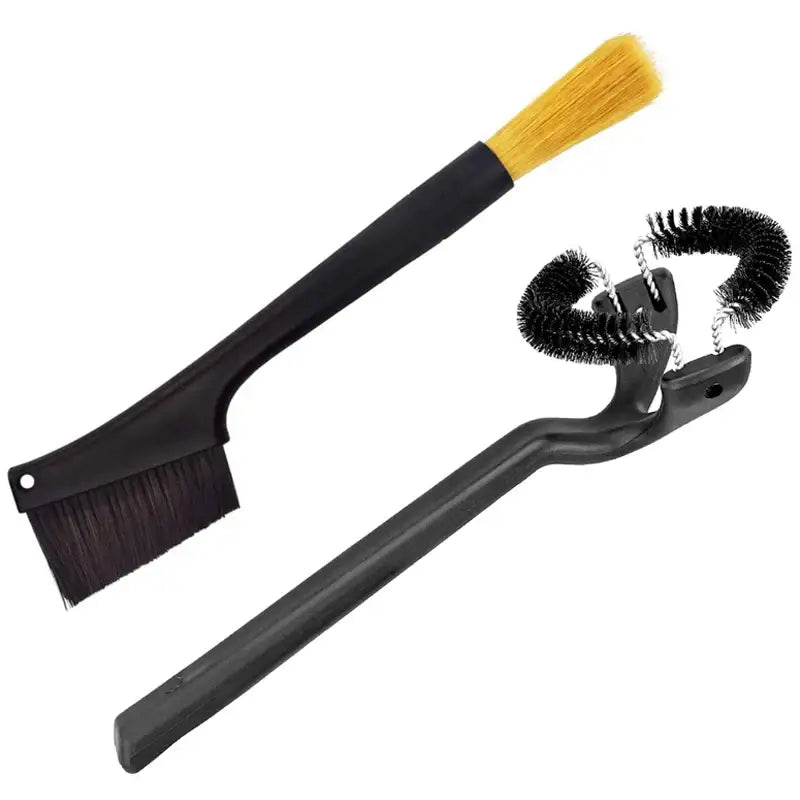 Black plastic espresso machine cleaning brush set with flat-bristled and coiled wire brushes by decorbites
