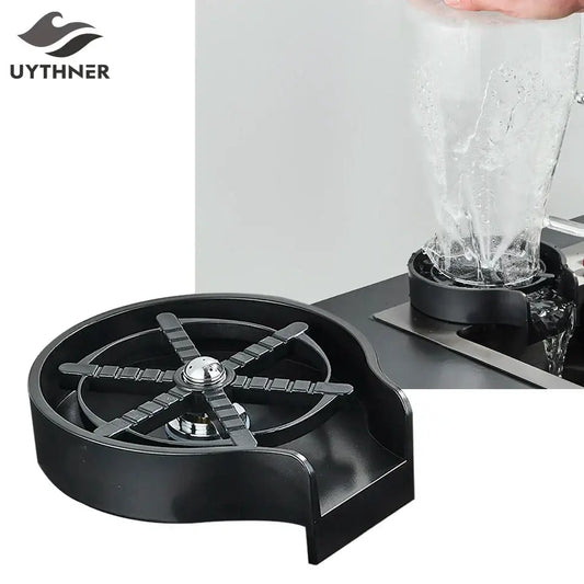 Black plastic glass rinser faucet towel ring with chrome pivot and radial slots for kitchen sink towels accessory