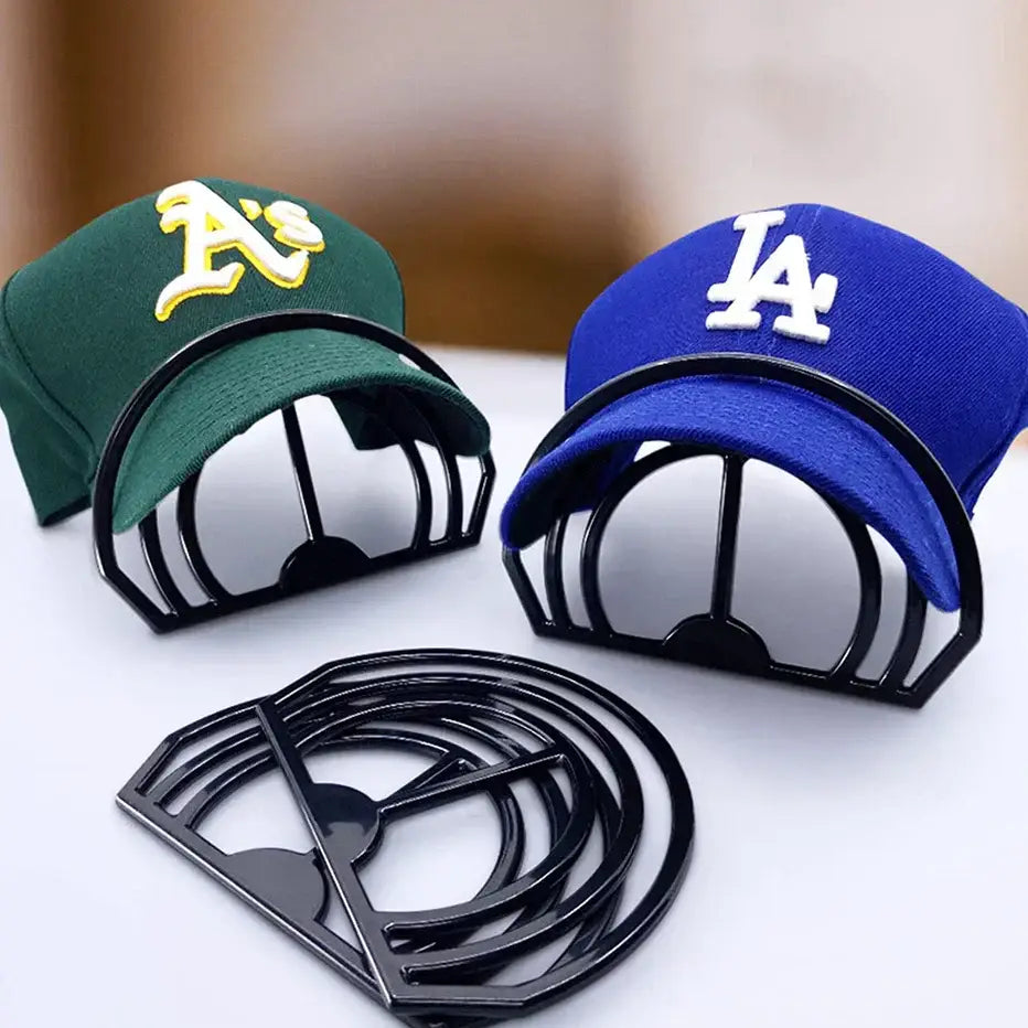 Black metal hat brim bender with curved arched design for bedroom cap display by decorbites hat brim