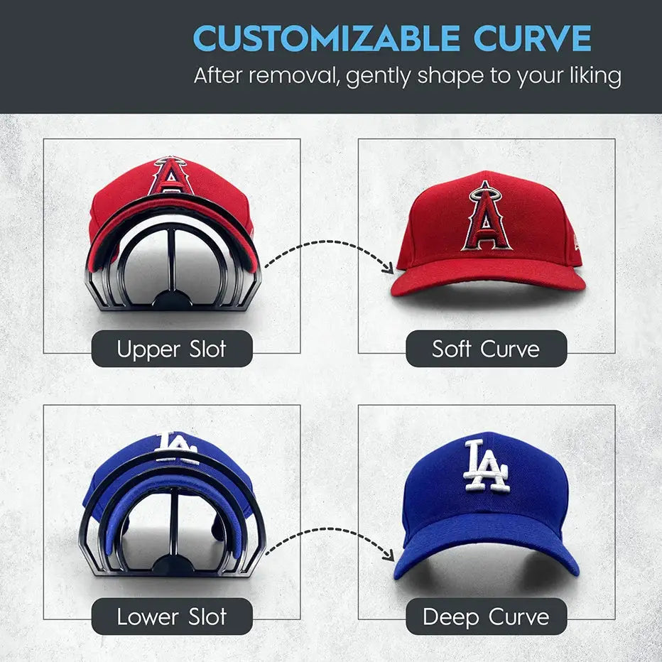 Red and blue customizable baseball caps with embroidered logos on decorbites hat brim bender black plastic display holder