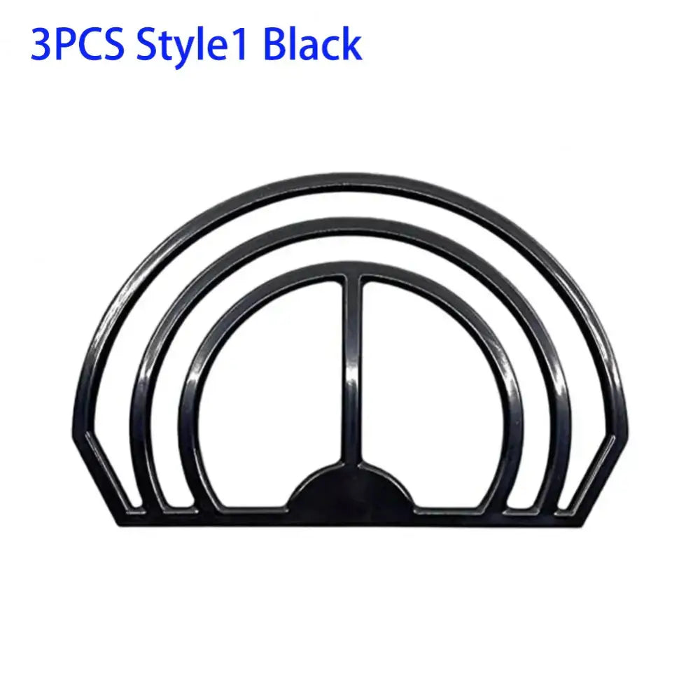 Black plastic decorbites hat brim bender with three concentric arches and central bar for bedroom cap display