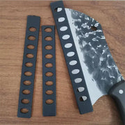 Black plastic knife blade protectors with oval cutouts designed for heavy-duty meat cleaver decorbites knife blade sleeves