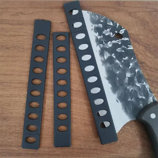 Black plastic knife blade protectors with oval cutouts designed for heavy-duty meat cleaver decorbites knife blade sleeves