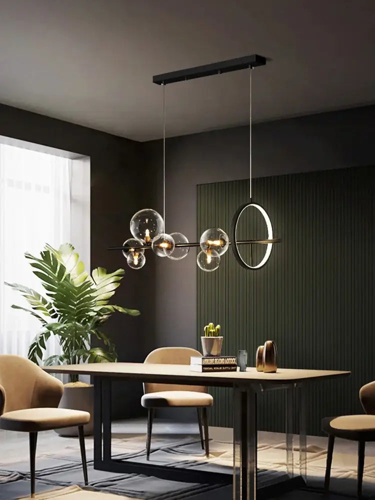 Modern black metal decorbites black postmodern bubble glass chandelier with clear globes and circular ring for dining room decor