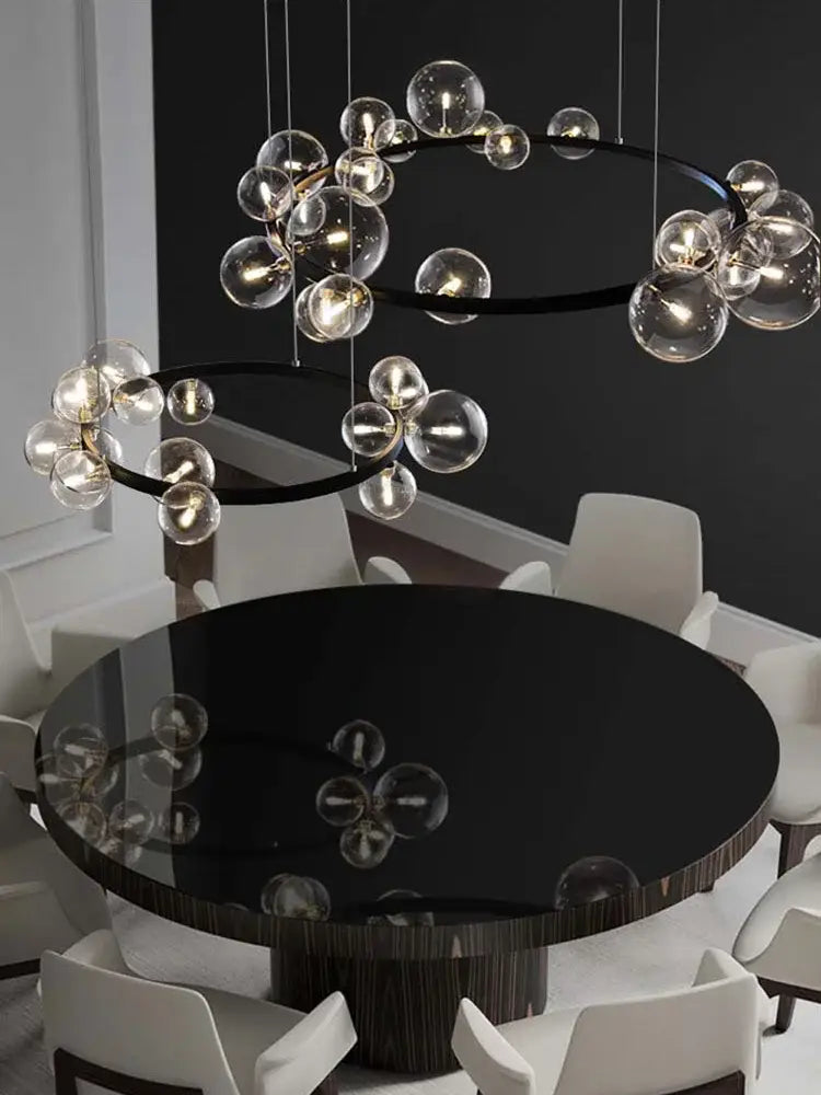 Modern black postmodern bubble glass chandelier with clear globes suspended by thin wires for dining room decorbites black postmodern