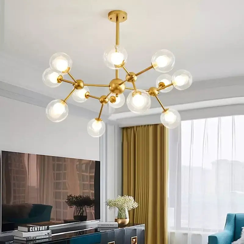 Gold-toned decorbites black postmodern sputnik chandelier with clear glass globe bulbs for dining room lighting