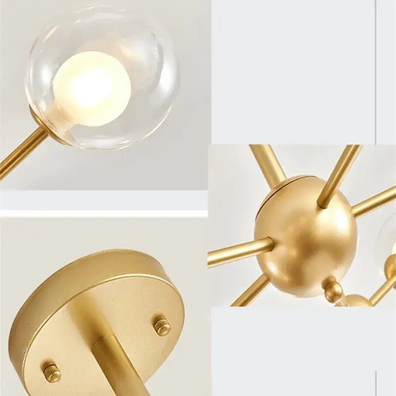 Gold-toned decorbites black postmodern sputnik chandelier with clear glass globe shades and central spherical hub for dining room