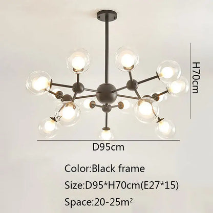 Black postmodern sputnik chandelier with black metal frame and clear glass globes for dining room decorbites black postmodern