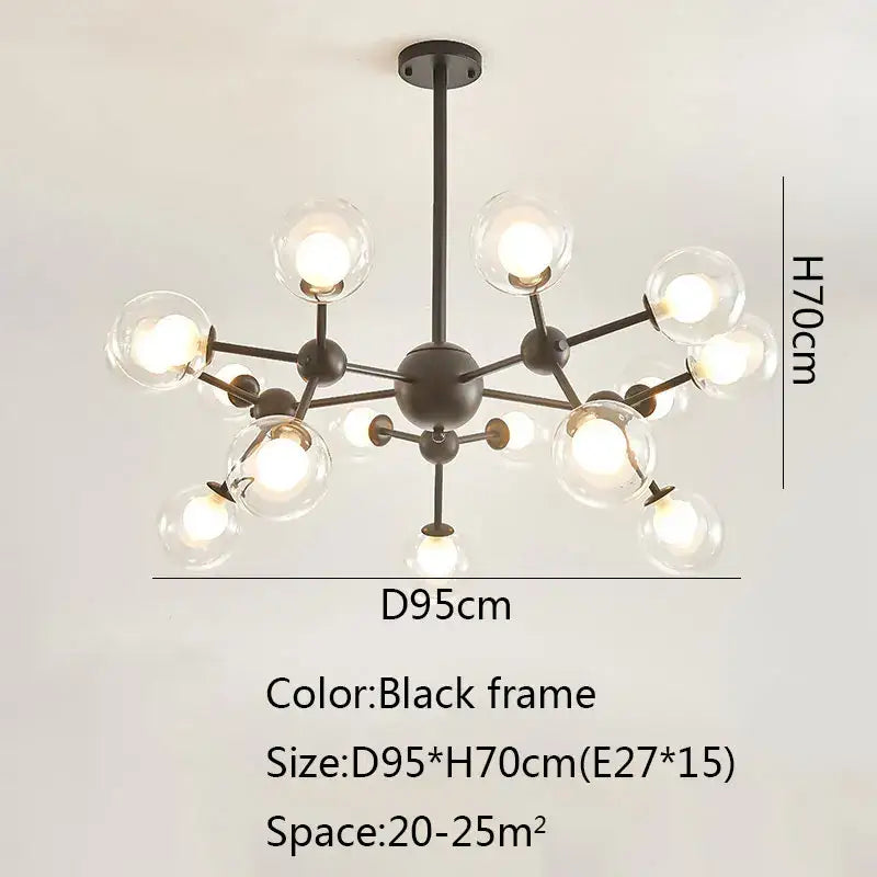 Black postmodern sputnik chandelier with black metal frame and clear glass globes for dining room decorbites black postmodern