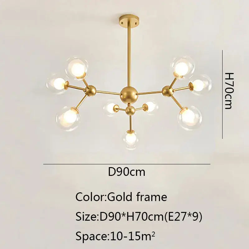 Gold-framed black postmodern sputnik chandelier with nine clear glass globe bulbs for dining room decorbites black postmodern