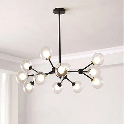 Black postmodern sputnik chandelier with black metal frame and clear glass globe bulbs for dining room decorbites black postmodern