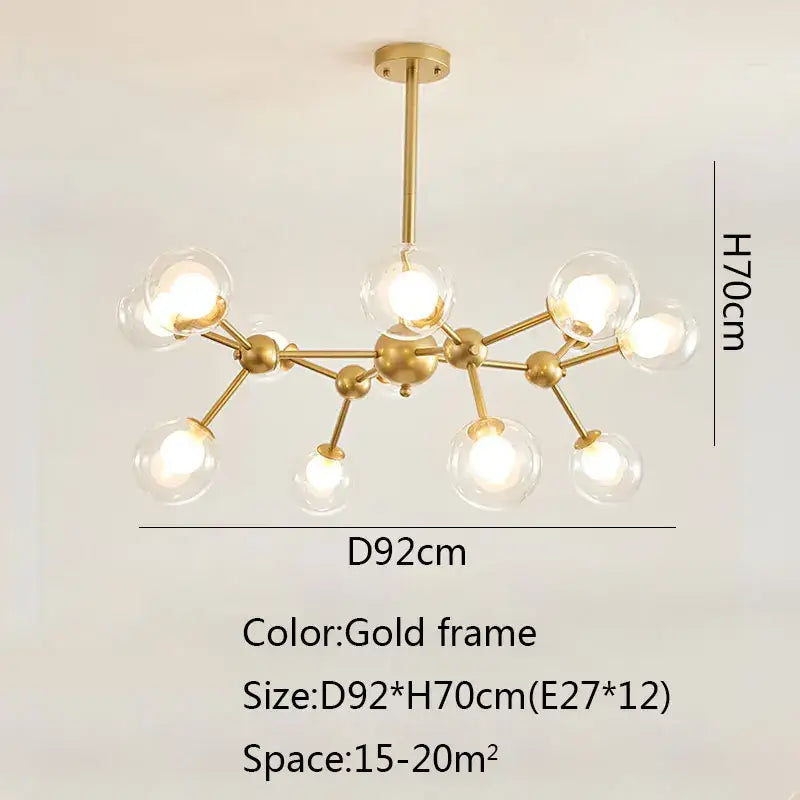 Gold-framed decorbites black postmodern sputnik chandelier with twelve clear glass globe bulbs for dining room lighting