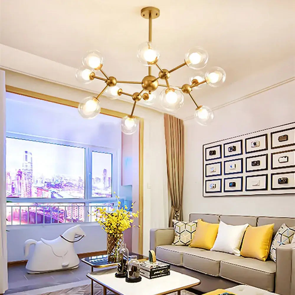 Gold-toned decorbites black postmodern sputnik chandelier with clear glass globe bulbs for dining room lighting