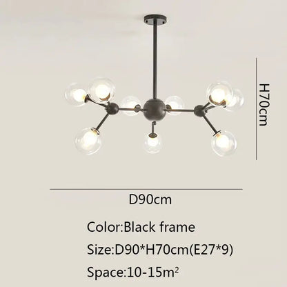 Black postmodern sputnik chandelier with nine clear glass globe bulbs in black metal for dining room decorbites black postmodern