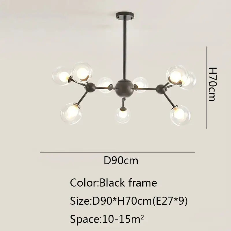 Black postmodern sputnik chandelier with nine clear glass globe bulbs in black metal for dining room decorbites black postmodern