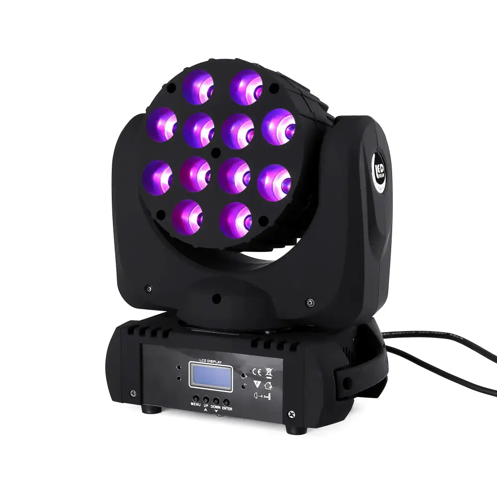 Black and purple stage light quad 12x12w moving head spotlight with 16 purple leds in circular pattern