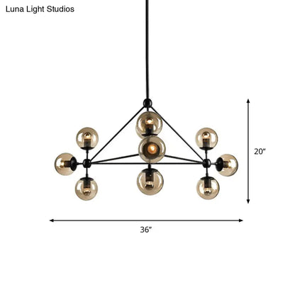 Black Pyramid Frame Chandelier - Loft Style Metal Pendant Light with Tan Glass Shade (10/15-Light) for Living Room