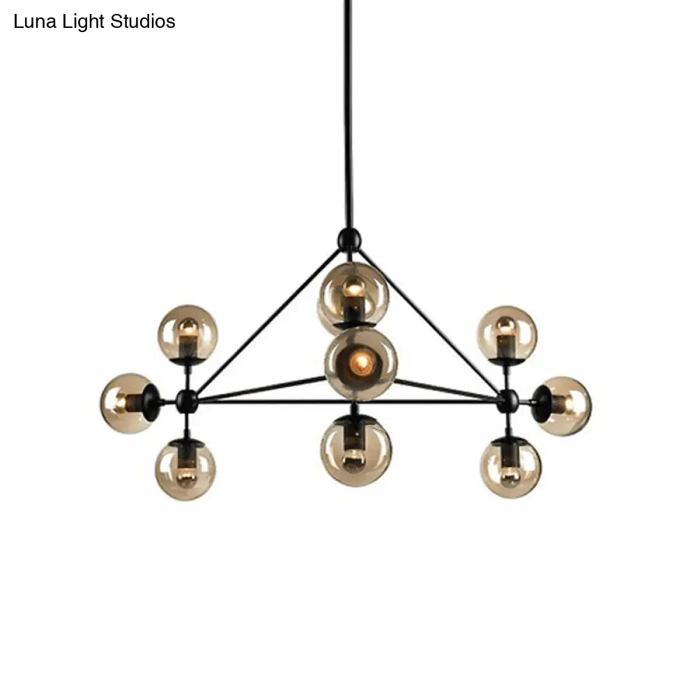 Black Pyramid Frame Chandelier - Loft Style Metal Pendant Light with Tan Glass Shade (10/15-Light) for Living Room