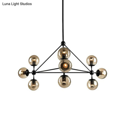 Black Pyramid Frame Chandelier - Loft Style Metal Pendant Light with Tan Glass Shade (10/15-Light) for Living Room